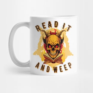 Horned skull sitting on flaming books. Mug